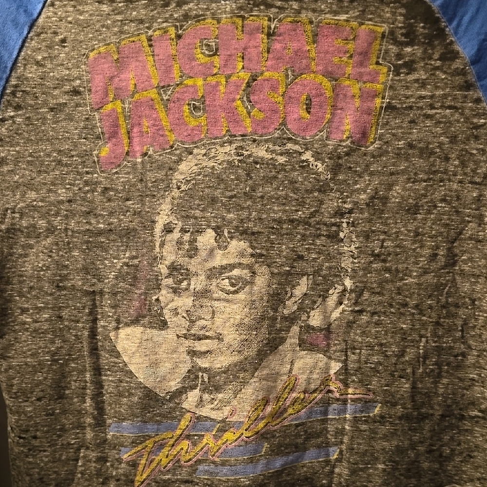 Blue and Gray Michael Jackson Crop Top with Raglan Sleeves - Picture 2 of 7